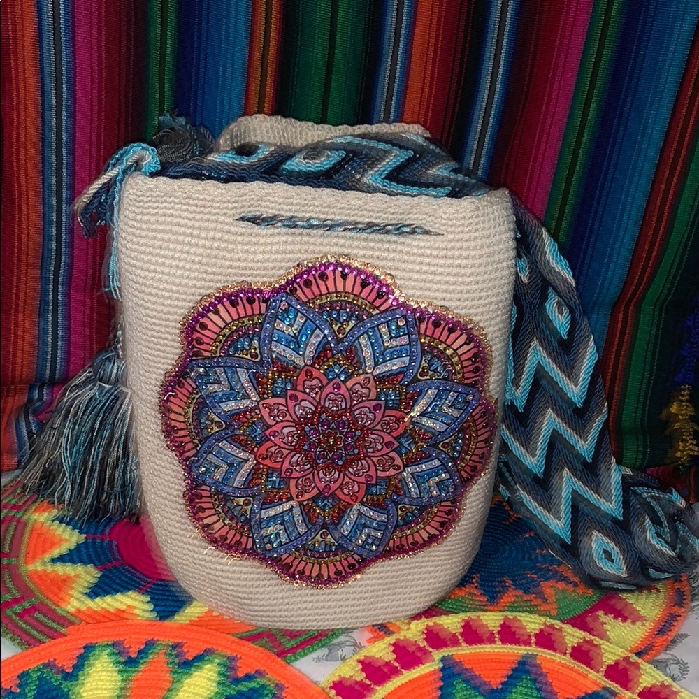 Handcrafted Cream and Blue Mandala Bag